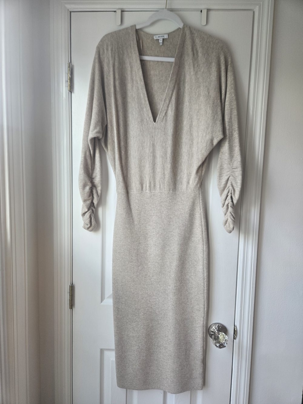 Reiss Beige V-Neck Ruched-Sleeve Midi Dress